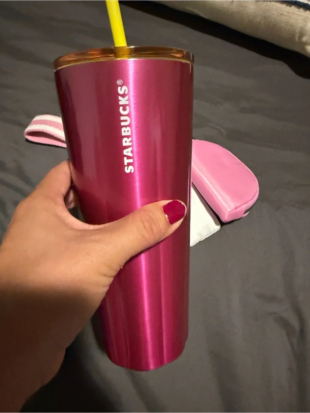 Starbucks Pink Metallic Tumbler with Pink & White kensie Accessory Set